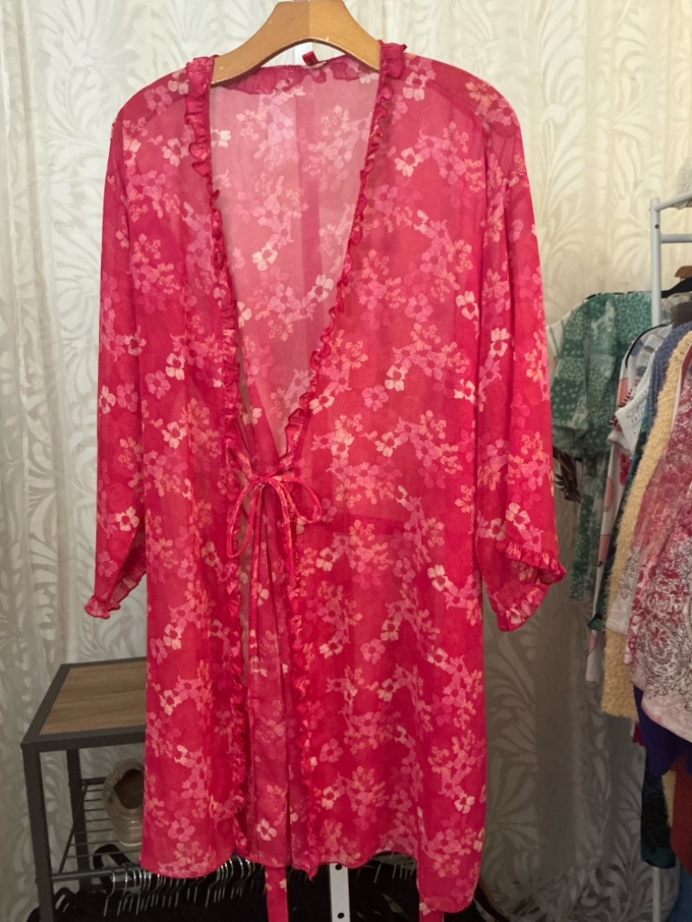 Floral Sheer Wrap Tie-Front Robe - Pink